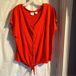Rachel Zoe Womens Blouse Sz 1X 100% Linen V Neck Tie Front‎ Button Down Orange